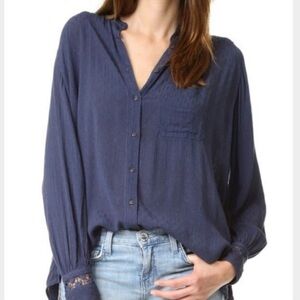Free People The Best Navy Button Front Lace Back Blouse Size Large